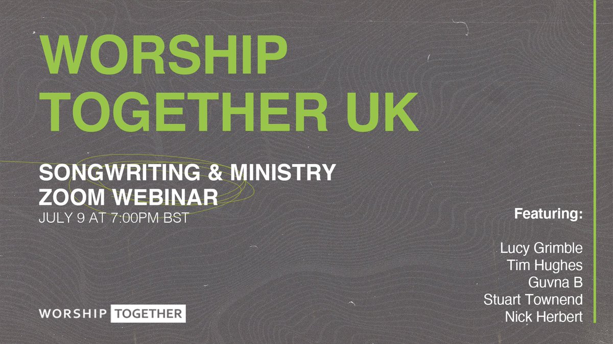 worshiptogether's tweet photo. Join Lucy Grimble, Tim Hughes, Guvna B, Stuart Townend, and Nick Herbert on Thursday, July 9that 7:00pm (BST) for a live video webinar as they share practical and inspirational thoughts around songwriting and what God is doing through creativity in the UK church. https://t.co/6axWPSGeAS