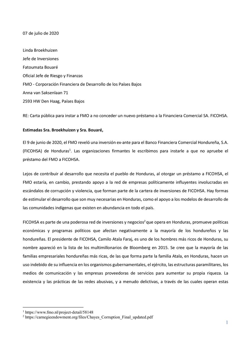 Copinh On Twitter Atention Coalition Of National And International Organizations Urge Fmo Not To Finance Ficohsa Bank Far From Contributing To The Development That Honduras Needs The Fmo Would Be Supporting The