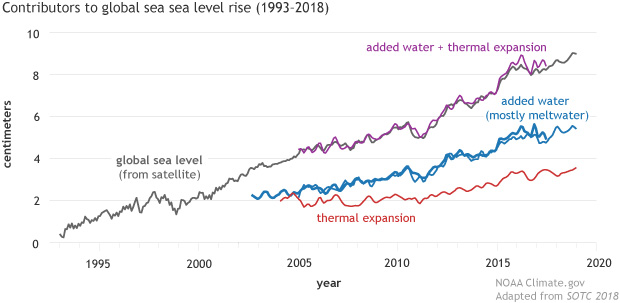 When people burn fossil fuels like coal, oil, and natural gas, we add heat-trapping gases to the atmosphere, warming our air, earth, and ocean. When water warms, it takes up more space, and when land ice melts, it adds water to the ocean. This is causing global sea level rise.