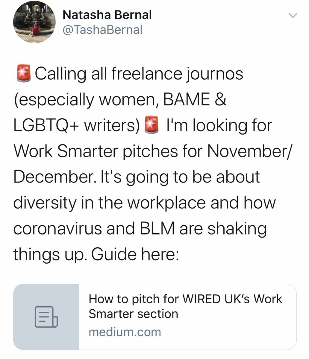 . @WiredUK business editor  @TashaBernal wants pitches from ethnic minority freelancers. More details on how to pitch to the Work Smarter section here:  https://medium.com/@natasha.bernal/how-to-pitch-for-wired-uks-work-smarter-section-1b4e07c53a71