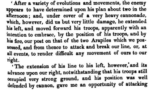 Unsurprisingly, Wellington’s own dispatches mention no details except to hint broadly that it was from the Arapiles that Wellington saw his chance. [Dispatches  http://v.VI  p301-302]