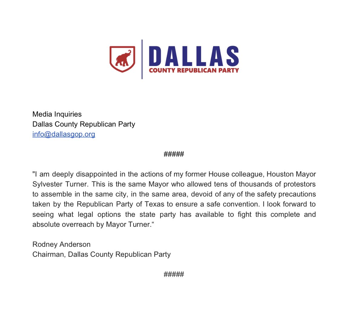 FOR IMMEDIATE RELEASE￼ Chairman Rodney Anderson’s statement on the canceling of the @TexasGOP Convention #TexasGOP #rptcon2020 @jamesdickey
