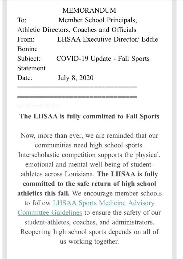 GeauxPrepsLA's tweet photo. The @LHSAA has released a statement fully committing to a safe return of high school sports in the Fall. https://t.co/twZPdiCIxi