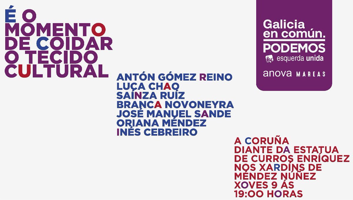 📜 Mañá xoves 9 de Xullo ás 19:00h temos outra cita na #Coruña, desta vez pola Cultura.

Será fronte á estatua de Curros Enríquez nos Xardíns de Méndez Núñez, histórico lugar de actos republicanos e tamén de mitins do propio Curros Enríquez 😉

Non o perdades!

#ÉOMomento