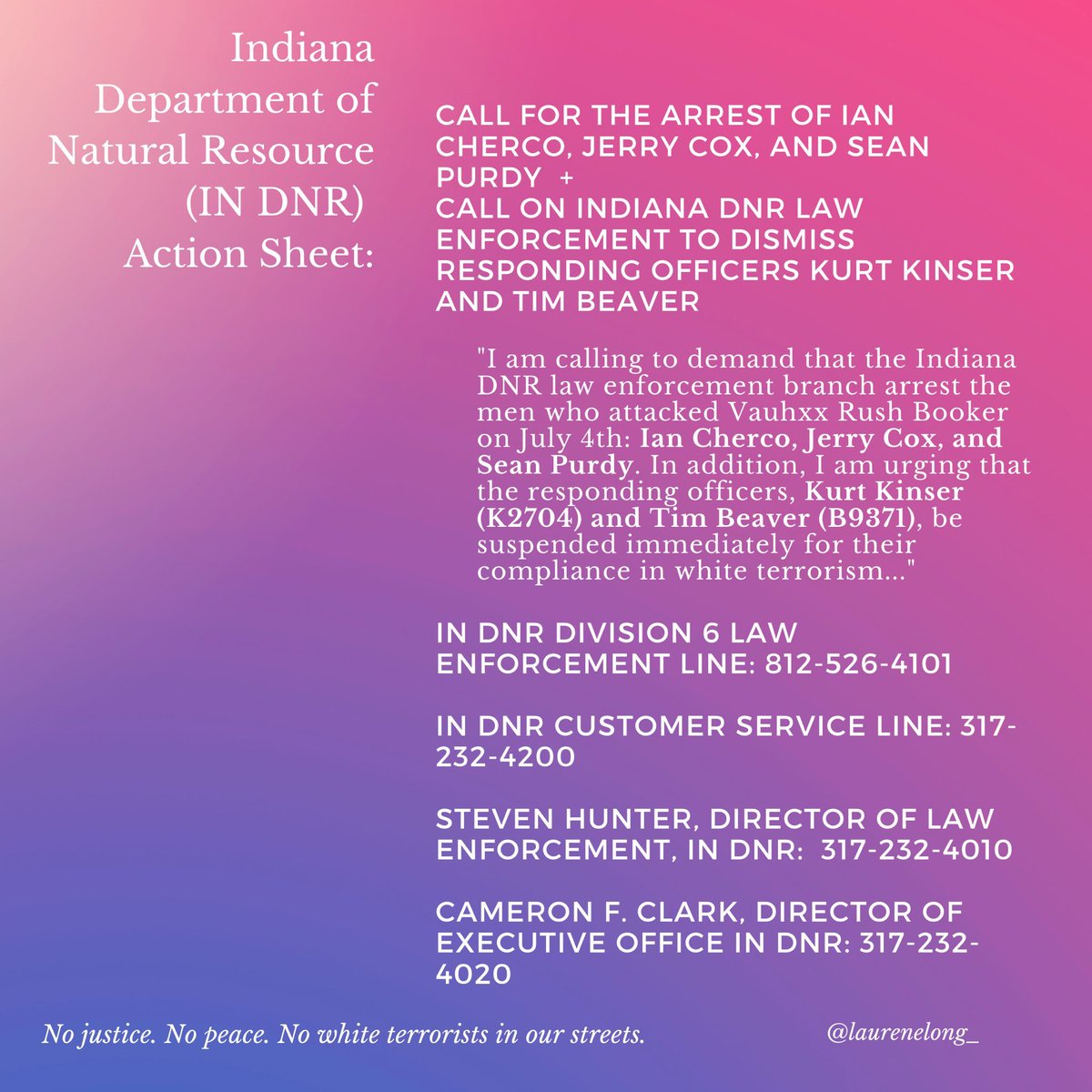 i1ulosehahaha's tweet photo. “The men who attacked Vauhxx Rush Booker are still walking free. We must call on the Indiana DNR law enforcement branch to arrest them and dismiss its complicit officers. 

This updated action sheet can help us direct our voices”:
@LaurenELong_ https://t.co/bDsySiFePk