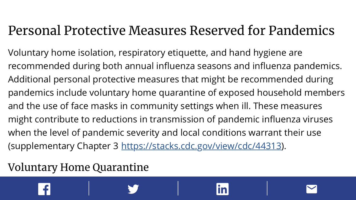 1/ So much good stuff today. Here, a manual of  @cdcgov guidelines for a flu pandemic from... 2017. So long ago! They don’t recommend the use of face masks “by well persons” except under “special, high-risk” circumstances during “severe pandemics” (aka the Spanish flu)...