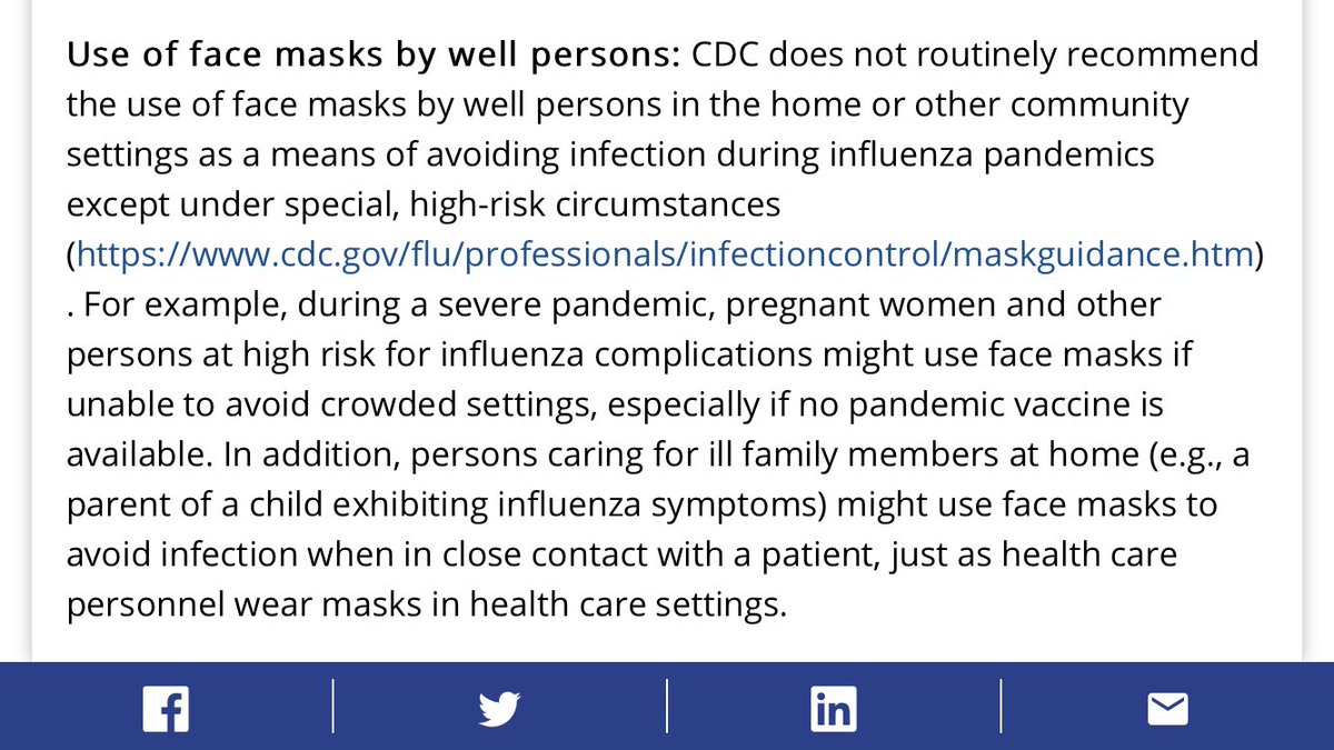 1/ So much good stuff today. Here, a manual of  @cdcgov guidelines for a flu pandemic from... 2017. So long ago! They don’t recommend the use of face masks “by well persons” except under “special, high-risk” circumstances during “severe pandemics” (aka the Spanish flu)...