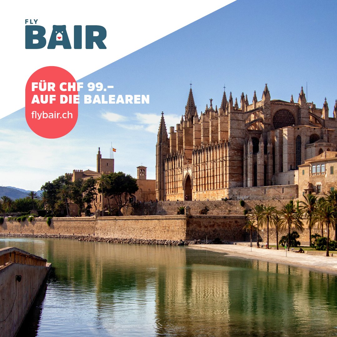 Ferie vo deheime. 🛫 Viele Tickets ab Bern nach Mallorca und Menorca gibt es jetzt für 48 Stunden zum Spezialpreis ab CHF 99 pro Person. Klick dich schnell auf unsere Website und sichere dir deinen Platz 👉 flybair.ch/Buchen-DE/ange…