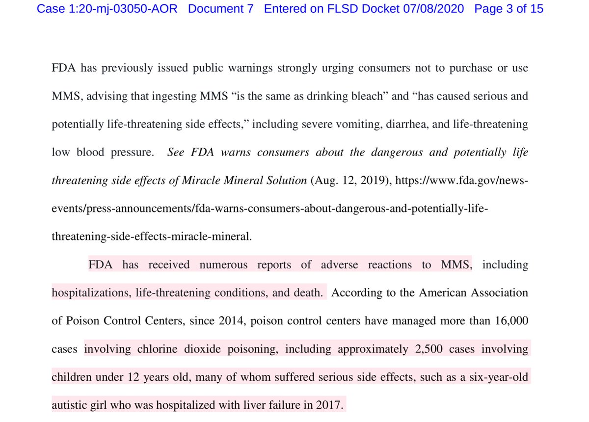 This is why one must read every page - because the affidavit eluded to this but in today’s Motion to Detain the Govt elucidated the following;“FDA has received numerous reports of adverse reactions to MMS, including hospitalizations, life-threatening conditions, and death”