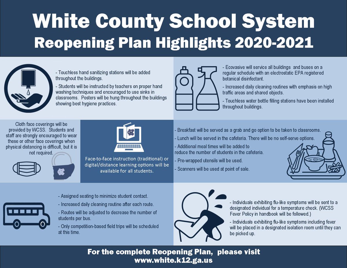 WCMS_warrior's tweet photo. White County School System has issued a Press Release on 07/8/2020 at 6:00PM with information on the Reopening Plan for the 2020-2021 school year.  Please visit our website to view at https://t.co/9ylYNCOmc2. https://t.co/dXxETN5AuK