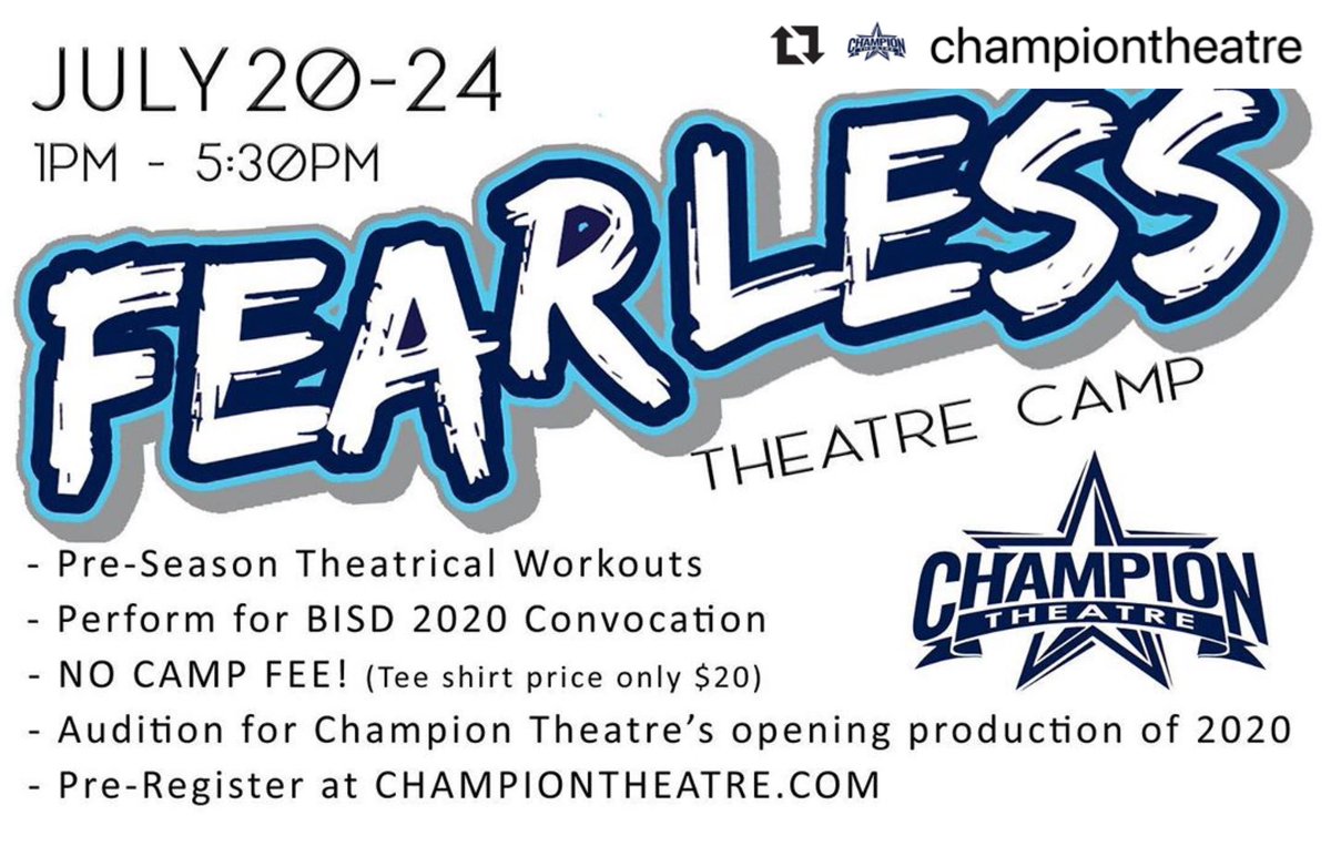 Ready to be FEARLESS on stage? BE HERE! Pre-registration is online at championtheatre.com 
New COVID-19 guidelines are in place, and we’re ready to return to action!
#ftc2020
#fearlesstheatre #characterpridefocus #returntoaction #highperfomanceunderpressure