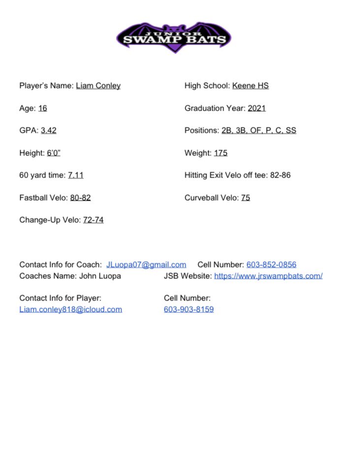 Liam Conley (@liamconley8) on Twitter photo Stat line from our JSB showcase day. Mainly play middle infield and 3rd but can be used as a utility player. Age 16 | C/o 2021 | 6’0” 175lbs | GPA 3.42 <a href="/PBRNewEngland/">PBR New England</a> <a href="/603SportsMedia/">Roger Brown</a> <a href="/Baseball_Notes/">NH Baseball Notes</a> <a href="/KHS_Baseball_/">Keene High Baseball</a> Stat line from our JSB showcase day. Mainly play middle infield and 3rd but can be used as a utility player. Age 16 | C/o 2021 | 6’0” 175lbs | GPA 3.42 <a href="/PBRNewEngland/">PBR New England</a> <a href="/603SportsMedia/">Roger Brown</a> <a href="/Baseball_Notes/">NH Baseball Notes</a> <a href="/KHS_Baseball_/">Keene High Baseball</a>