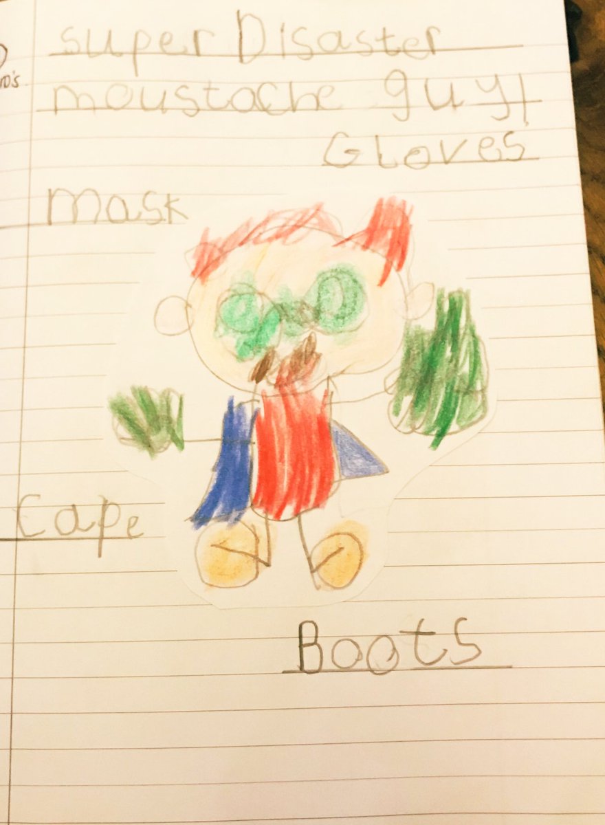Duckiebaker's tweet photo. @latimerprimary @OakNational Is it a bird? Is it a plane? No it’s super disaster moustache guy!!! #LearnWithOak #latimerloveslearning #superhero #ONAReception #EYFS #homeschool https://t.co/gi5tZ04FBL