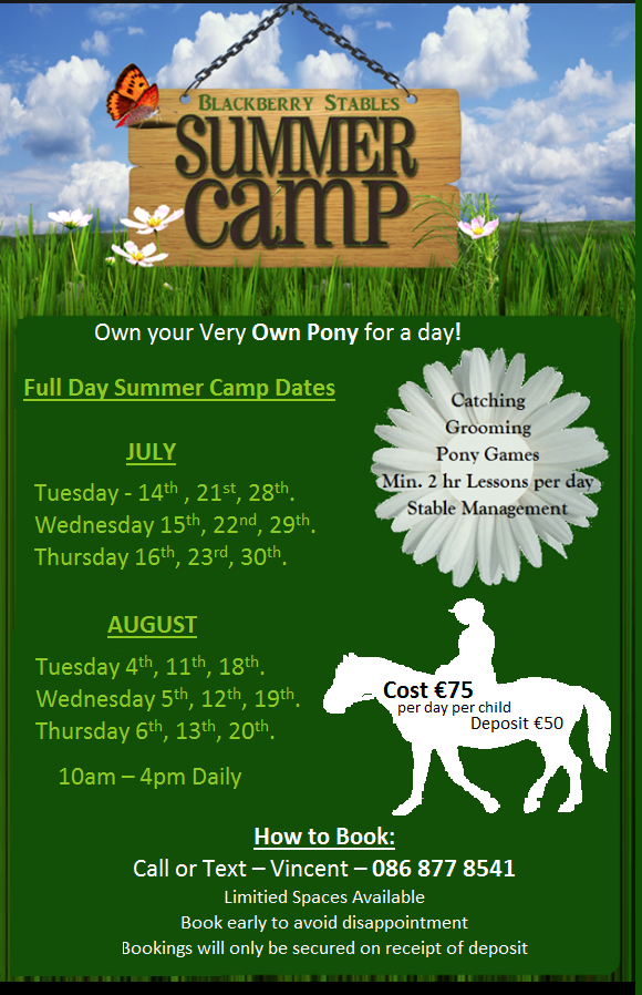 blackberystable's tweet photo. FULL DAY SUMMER PONY CAMPS

JULY
Tues 14th, 21st, 28th.
Wed 15th, 22nd, 29th.
Thurs 16th, 23rd, 30th.

AUGUST
Tues 4th, 11th, 18th.
Wed 5th, 12th, 19th.
Thurs 6th, 13th, 20th.
10am – 4pm Daily

Cost €75-Deposit €50
To Book:
Call or Text – Vincent – 086 877 8541 https://t.co/hlH4Ij4tjg
