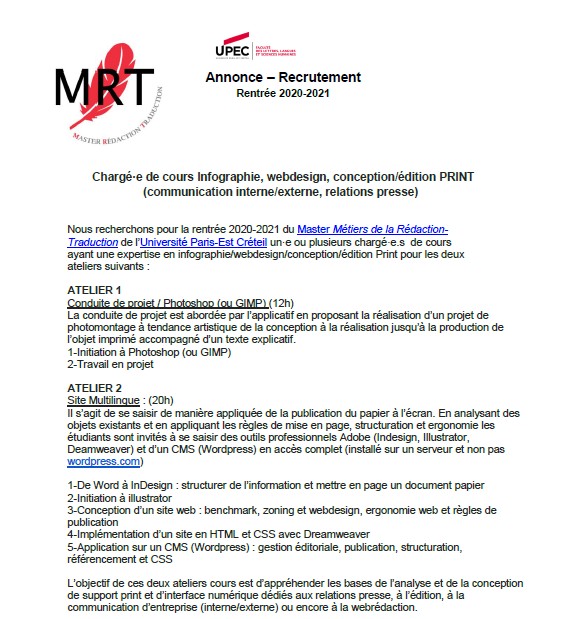 master_MRT's tweet photo. Le master Métiers de la rédaction-traduction recherche son professeur d'infographie pour la rentrée 2020-2021 !  RT bienvenus !  #infographie #redaction #webdesign #creation #upec https://t.co/uW3sSjBbsl