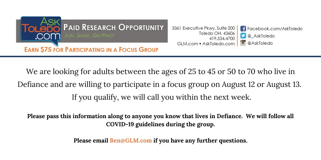 _asktoledo's tweet photo. https://t.co/IeJ6IratYJ
Calling all Defiance residents! If you are looking for an opportunity to voice your opinions, and get paid to do so, please click this link above and take the survey for a chance to participate in our upcoming paid research opportunity! https://t.co/1j1XaPFFPc