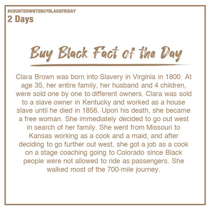BBFInitiative's tweet photo. 2.Clara Brown was without a doubt an extraordinary woman. After working a multitude of jobs, she invested in gold mining, real estate, and most of all her community. She is just one example of ways in which we can all try to help and lift one another up. 🖤 #SupportBlackBusiness https://t.co/gQW5uxJ8di
