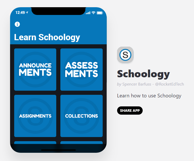 RocketEdTech's tweet image. I created an app to help you learn @Schoology. Simply visit the link on your phone + install it as an app by adding it to your home screen. 

🔗 schoology.glideapp.io 

#edtech #Schoology #SchoologyChat #edchat #k12 #blendchat #edapps #HigherEd #OnlineLearning #elearning