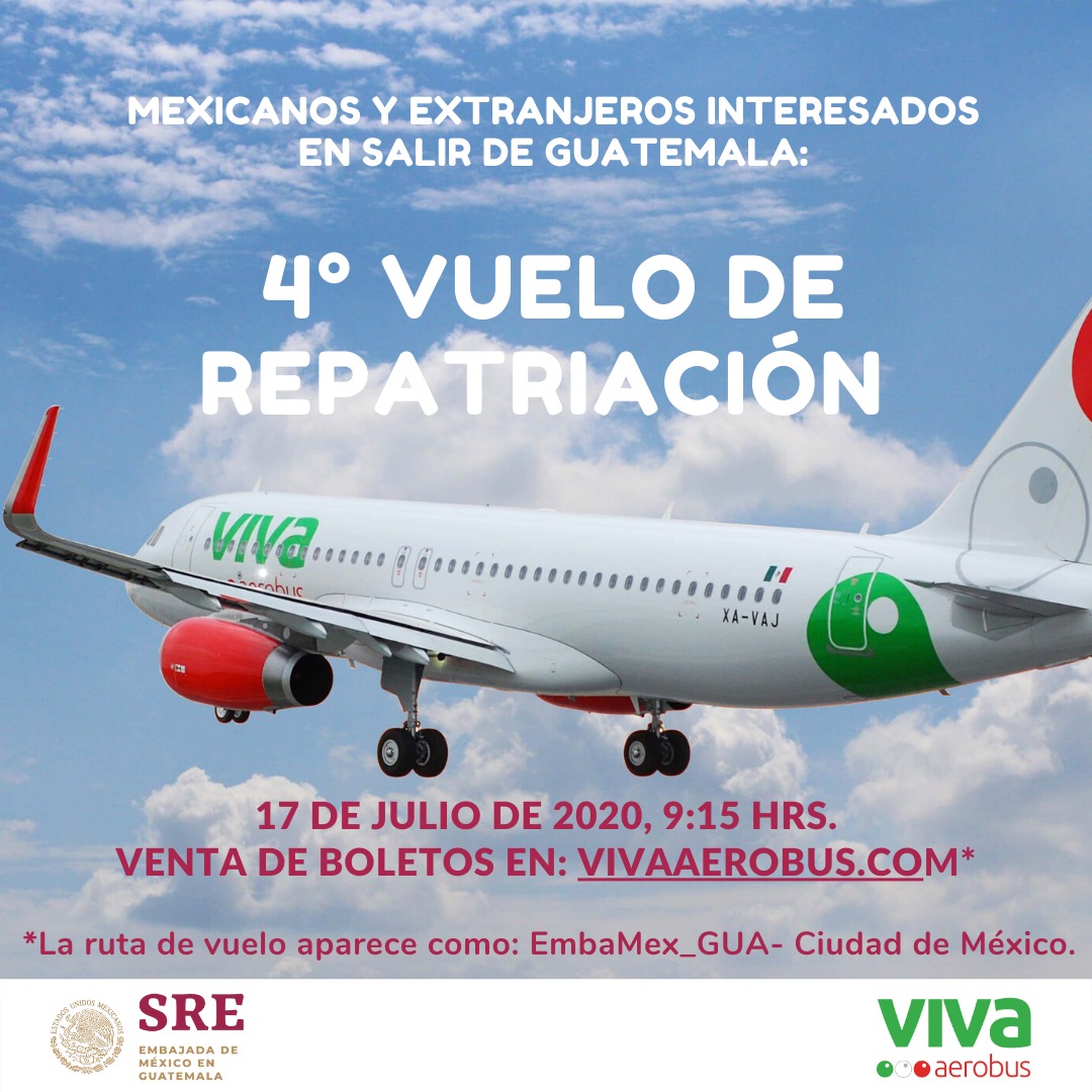 ConsulMexGuate's tweet photo. 🚨¡Atención!🚨 #Mexicanos en 🇬🇹, si desean regresar a 🇲🇽🏡, aprovechen el 4⃣ ✈️ de repatriación x @VivaAerobus. 🙏 @GuatemalaGob @DrGiammattei @MinexGt @PedroBroloGT x su apoyo. @SRE_mx @m_ebrard @maximilianoreyz @JulianVenturaV @JulianEscutia @dmillan @AztecaGuate @TN23NOTICIAS https://t.co/cTZ1ecsIo8