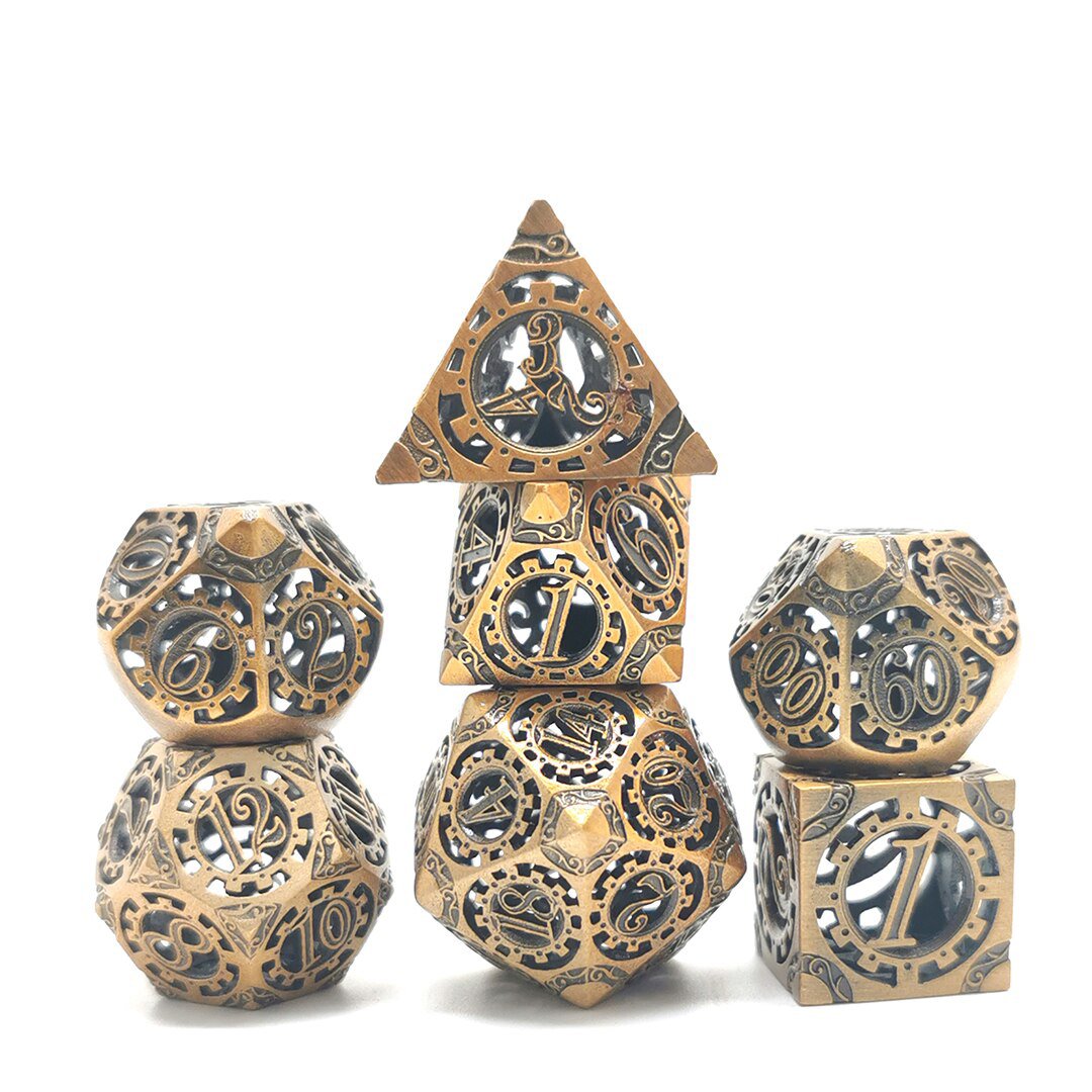 Introducing the Hollow Grind Dice Set! They are made from copper, and come in three amazing shades of shiny brown (Copper, Brass, and Bronze) Free shipping on US orders $25+ #DnD #ttrpg #DiceAreNice settlinggeek.com