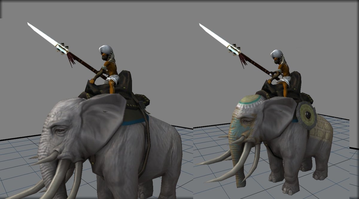 Refineus1's tweet photo. The Nomad War Elephant. Before and after texture painting.

#AgeofWonders #AoW3 #Wastelandcampaign #Nomads https://t.co/kduZKwkBjE