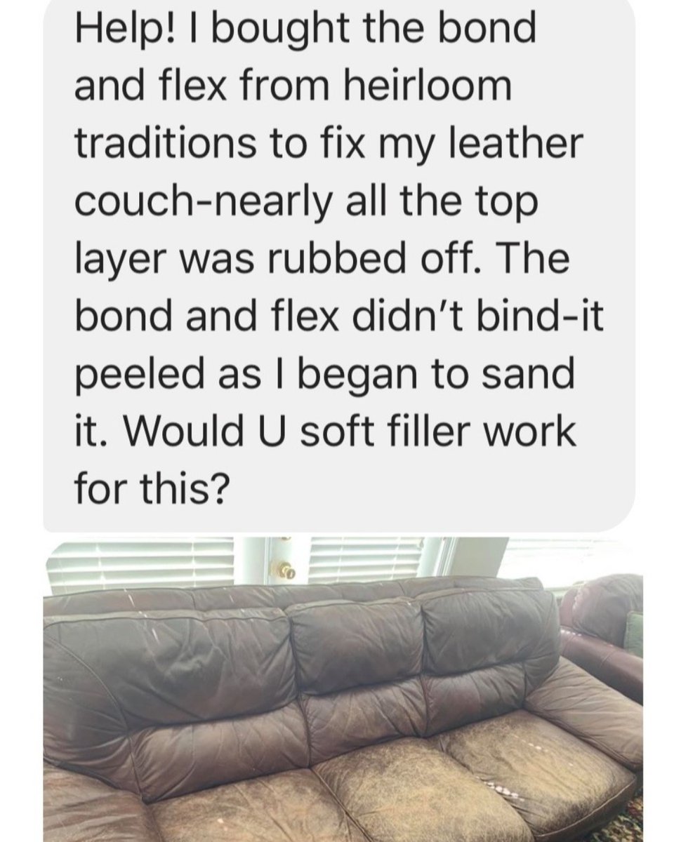 RubNRestore's tweet photo. We got this plea for help from a woman after she tried using #HeirloomTraditionsPaint #BondNflex on her #LeatherCouch We prefer our #LeatherFiller and the #reviews speak for themselves: https://t.co/mJMuQsmkNW #LeatherRepair #LeatherFurnitureRepair #LeatherCouchRepair https://t.co/xH5WhJ1WBe