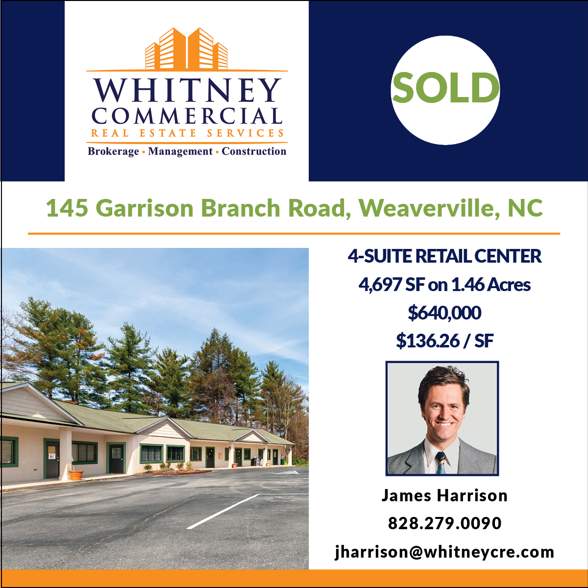 WhitneyCRE's tweet photo. Congratulations to James Harrison on this Sale in Weaverville, NC. https://t.co/liz5Yw5znc
#whitneycre #wcre #cre #commercialrealestate #investment #retail #wnc https://t.co/XMcFRlXKpm
