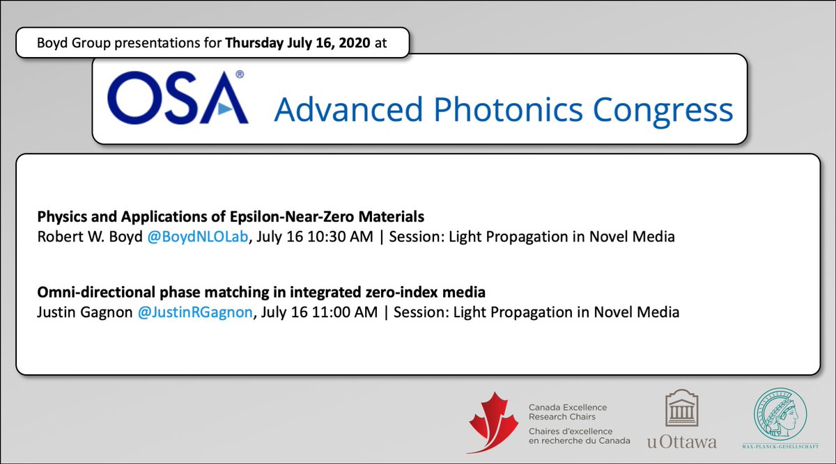 The Boyd group will have quite the showing this year at #OSAPhotonics20 Advanced Photonics Congress next week, with 11 total talks including a tutorial by Bob himself! 

If you want to see these talks, registration is completely free:
osa.org/en-us/meetings…