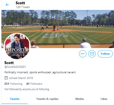 calmecam's tweet photo. @Scott54335801 @charlesadler 2. #ProfileCheck
- Faceless/nameless/from nowhere
- Trudeau hater
- Just incorrect ("politically" is irrelvant"
- Only 41 followers after 16 months on Twitter
#TrollAccount #FakeAccount #BandR https://t.co/2ELv2BIsDS