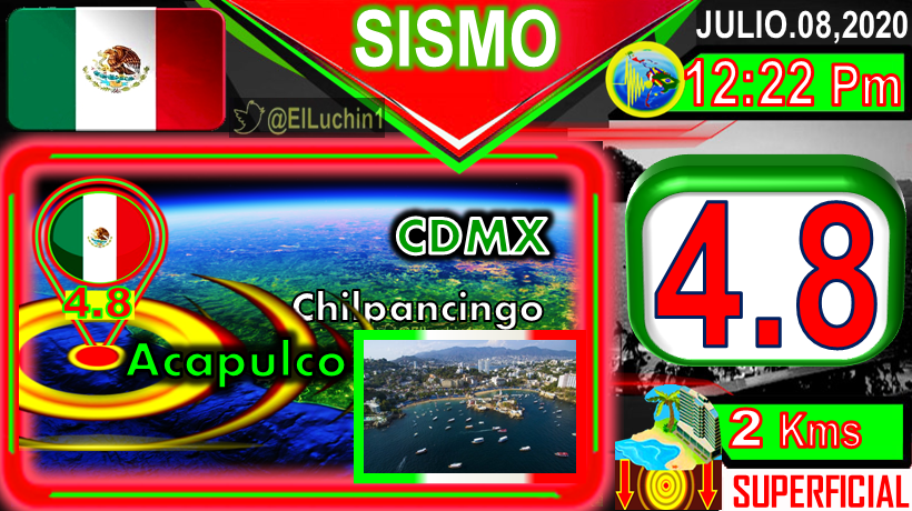 elluchin1's tweet photo. 🇲🇽➡#Temblor 4.8⚡ 
🔶#Acapulco 22 Kms al SurOeste de Coyuca Benitez
⏱12:22 Pm 🌄Tarde Cuate🇲🇽
SUPERFICIAL 🔰2 Kms 
Estado de #Guerrero #Mexico🇲🇽
#FelizMiercoles #Sismo #BuenMiercoles Trump
#Earthquake Sismo Jetta #PoderosoPerdedor https://t.co/xTnwHDoFm8