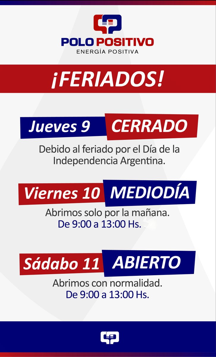 polopositivocba's tweet photo. Te dejamos los días y horarios de atención por los feriados! 😉 https://t.co/a2zUfzWiTe