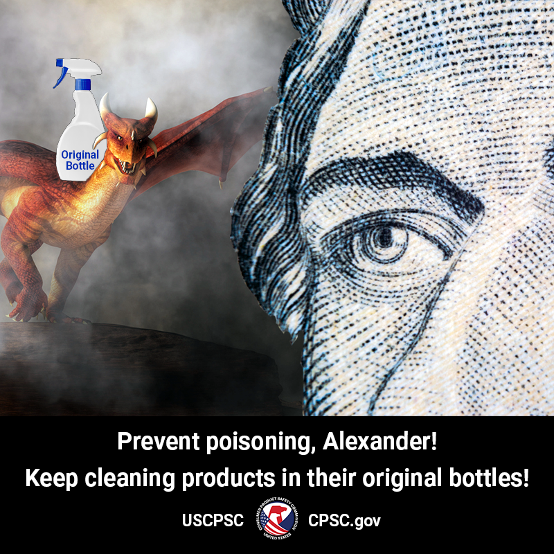 A dragon carrying a cleaning product bottle on its back that says "original bottle". The text reads: Prevent poisoning, Alexander. Keep cleaning products in their original bottles.