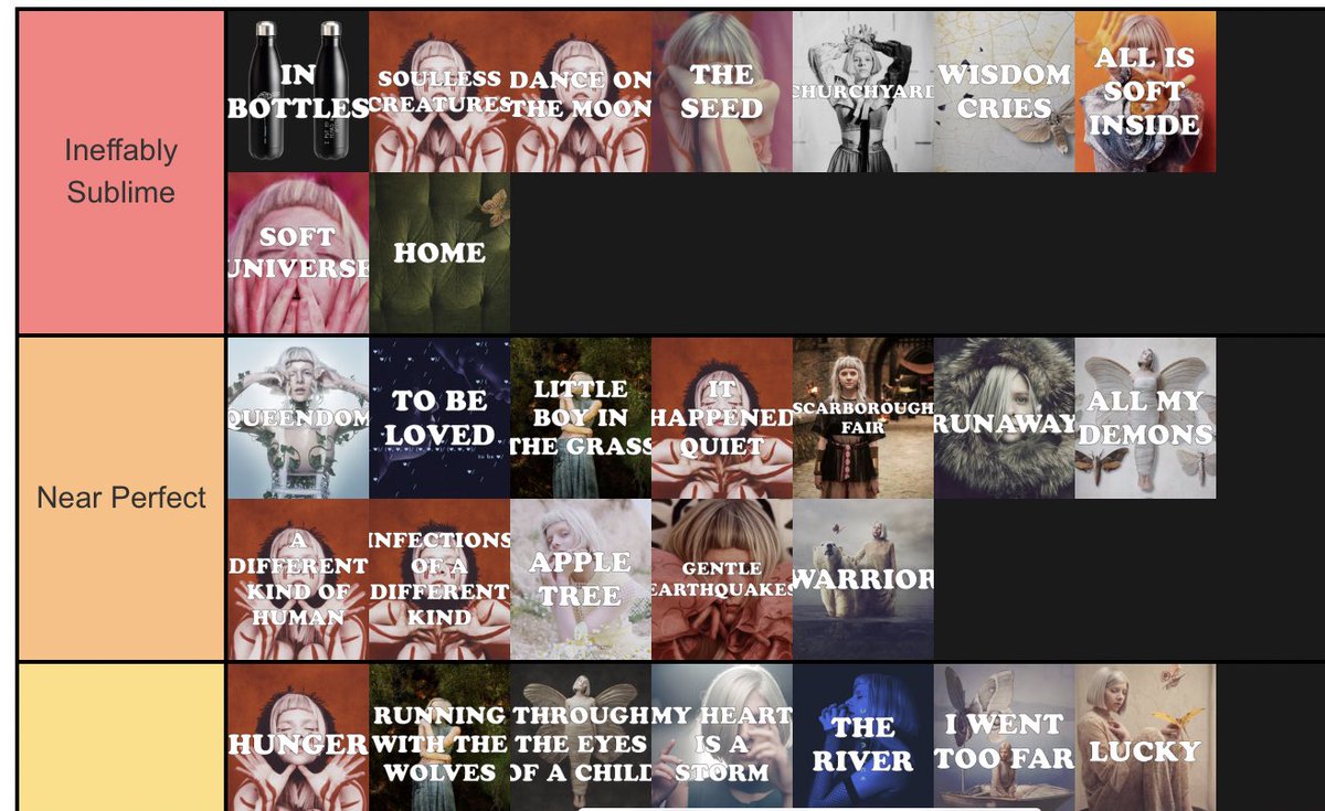 mooninbottles's tweet photo. Made a tier list of Aurora’s songs because I was bored 😂 
Tell me what songs would be on your top tier 🌿✨
(btw, Exist for love is not in this one, but it would be on the top tier 🐚) https://t.co/bmGQVLrymR