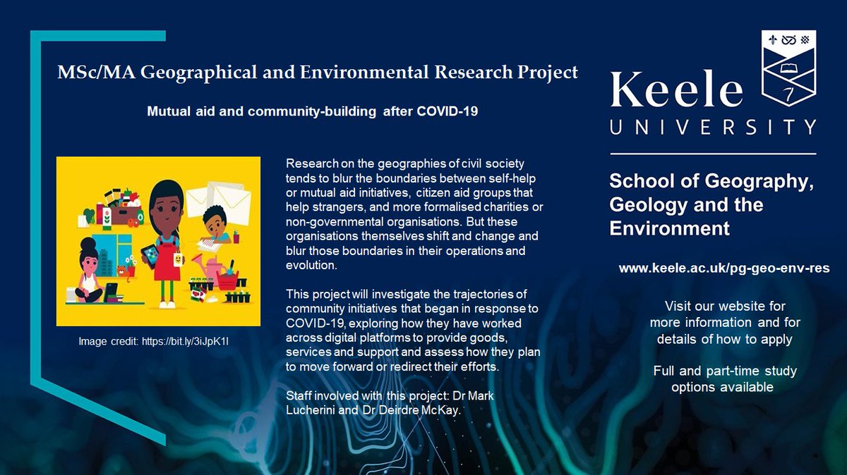 KeeleGGE's tweet photo. Specifically linked to the current COVID-19 pandemic, these projects are available as part of our MA/MSc Geographical and Environmental Research programmes with @dccmckay at @KeeleUniversity. For more info about our PG courses, please see our website: https://t.co/KiJlFPRcup https://t.co/jBFA5vUp5c