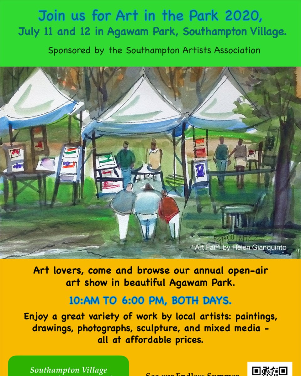 Join the SAA this weekend in Agawam Park for the annual Art in the Park!  See all the great work created by local artists Saturday and Sunday from 10AM - 6PM.  Please note that Southampton Village requires face masks and social distancing!