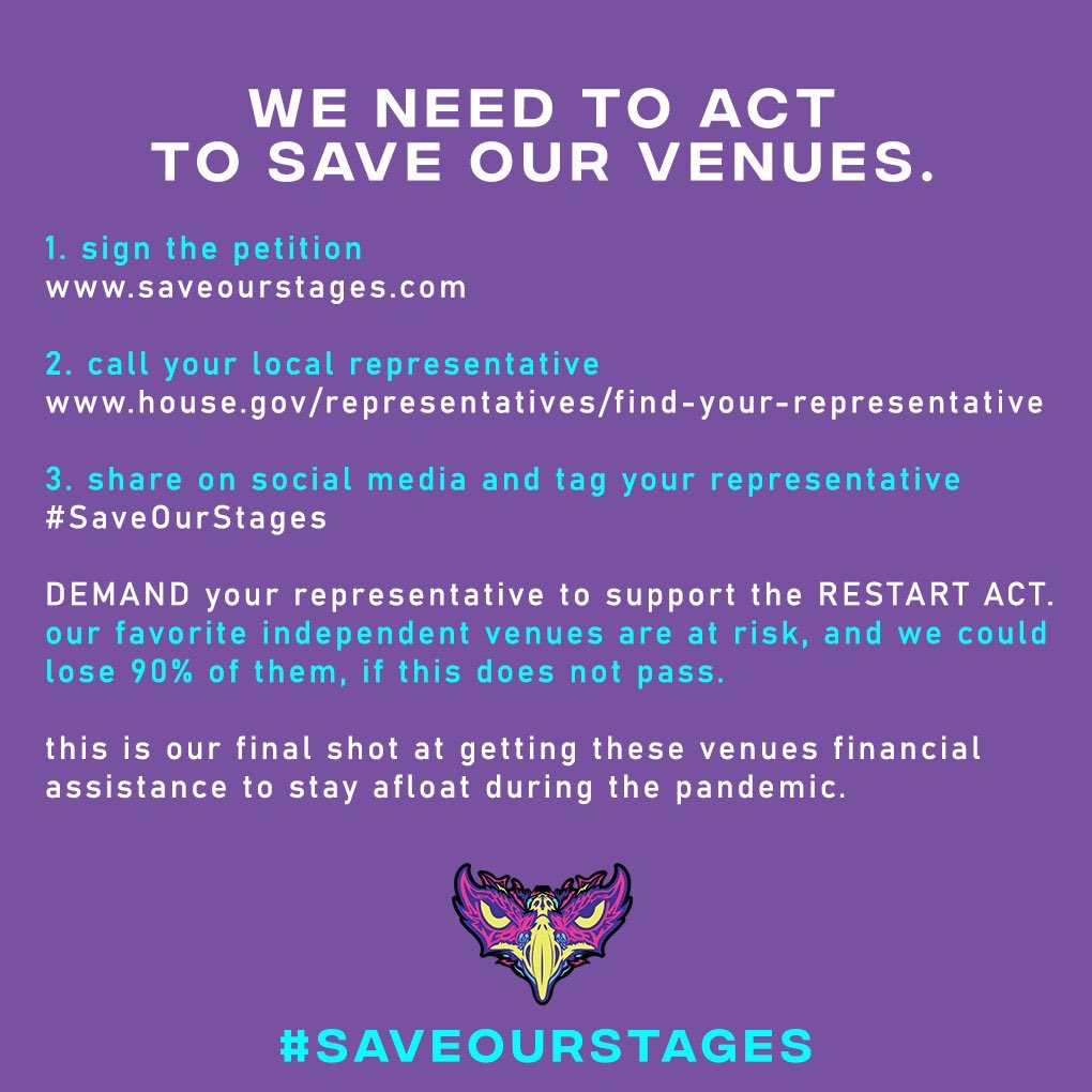 Electric_Hawk's tweet photo. ⚠️URGENT ACTION NEEDED BY OUR COMMUNITY⚠️

There is a bill heading to Congress, The RESTART ACT, that would provide long-term financial assistance to our industry &amp; the venues that we love.

Please share, retweet &amp; call your local representative for support TODAY.
#SaveOurStages https://t.co/tb8n9ldaWu