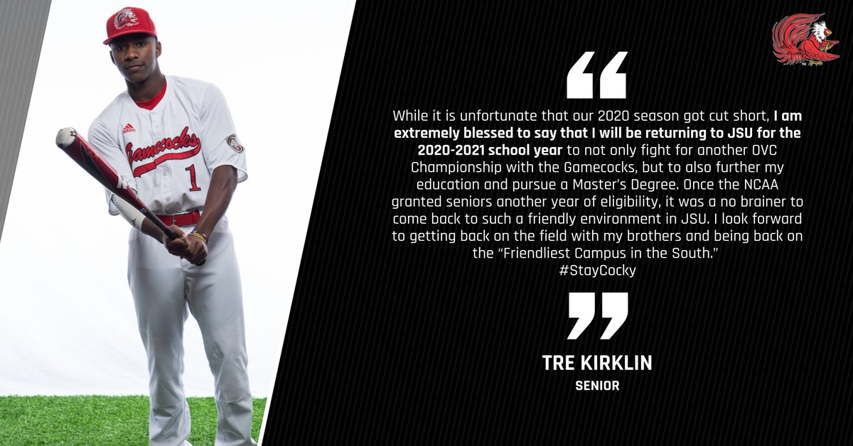 JaxStateBB's tweet photo. We are excited to announce that seniors Tre Kirklin, Corley Woods @corleywoods_ and Alex Webb @AlexwebbWebb will be coming back for the 2021 season  #unfinishedbusiness #StayCocky 🐔⚾️ https://t.co/VXGtitUzng