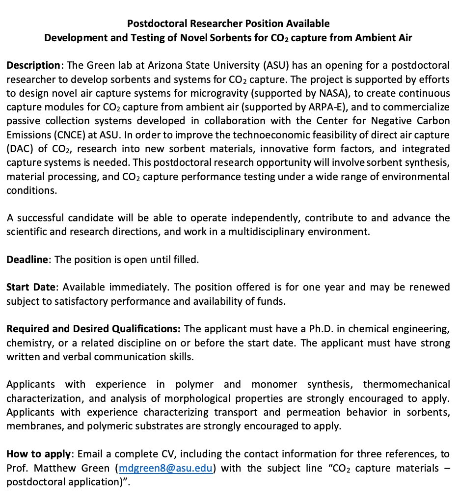 The Green lab is looking for a postdoc to design, synthesize, and test novel CO2 capture materials and build CO2 capture systems. For more details: faculty.engineering.asu.edu/green/openings/
Please RT. <a href="/ASU_CNCE/">Neg Carbon Emissions</a> <a href="/ASUEngineering/">ASU Ira A. Fulton Schools of Engineering</a> <a href="/ASUChemEng/">ASU Chemical Engineering</a>