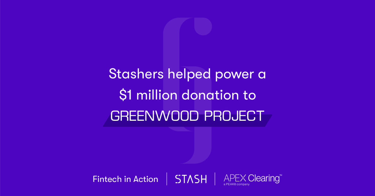 Stash's tweet photo. Stashers, you’re making a difference 💜💜💜
 
From June 22–26, we counted all of you who invested as a way to power $1.75 million in donations through Fintech In Action.
 
The first $1 million is going to the incredible @greenwoodprochi… https://t.co/ULDZuqdnTo