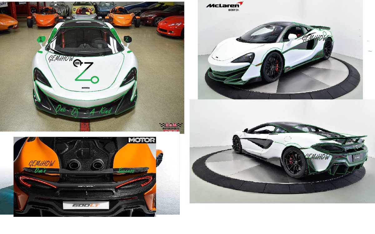 GEMdHOW's tweet image. #ONEOFAKIND @Randumb car design.(Car not orange only use for spoiler pic) It would be white with green accents like shown with this custom 1% logo mixed with Randumbs logo that I made. Tried to use pictures that showed every side of the car to show the wrap on all angles