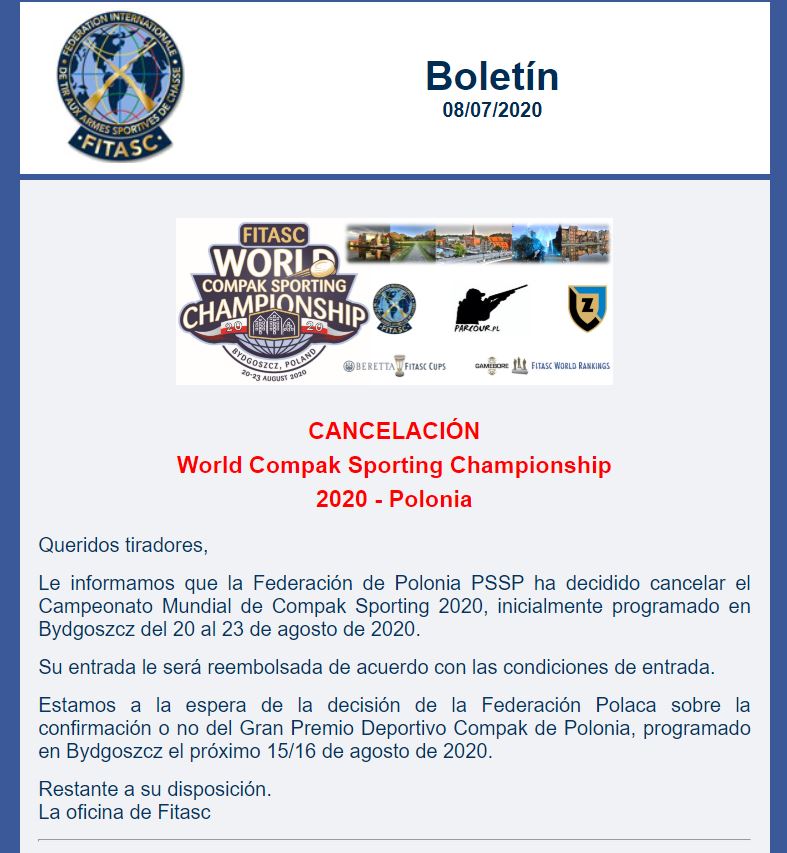 RFECampeonatos's tweet photo. 🚨SUSPENDIDO EL CAMPEONATO DEL MUNDO DE COMPAK SPORTING
👉FITASC ha notificado que esta prueba, prevista del 20 al 23 de agosto en Bydgoszcz (#Polonia), ha sido cancelada.
#compaksporting @RFECaza #FITASC https://t.co/hMLALkVizg