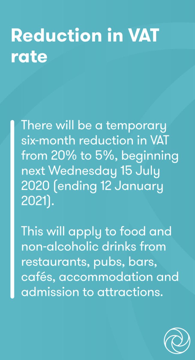 Rishi Sunak has today announced a temporary application of the reduced rate of VAT of 5% for supplies of goods and services in the hospitality sector. This change will come into operation with effect from 15 July 2020 (next Wednesday!) until 12 January 2021. #vat #summerstatement