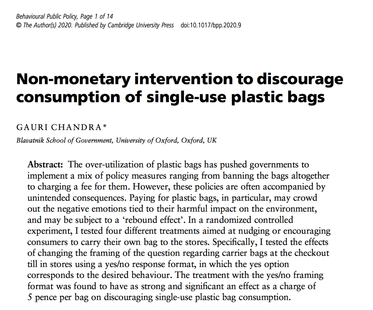 I’m excited to share that my MSc thesis on discouraging consumption of single-use plastic bags is now published in  @BPPjournal! I show how a non-monetary intervention can foster a commitment to reuse carry bags, & find it to be as effective as a charge of 5 pence per bag. (1/12)