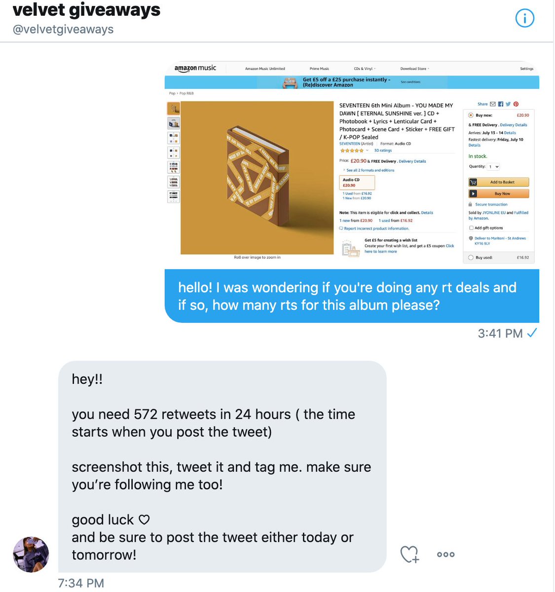 for_carat_army's tweet photo. carats, armys, moots &amp; everyone too! please help me RT this tweet because I have 24 hours to get 572 rts and receive my 1ST EVER album: @pledis_17 #Seventeen You Made My Dawn eternal sunshine ver.

okay guys @velvetgiveaways is legit she sends proof &amp; everything!! 🎉🎉💎💎 https://t.co/ith1TeBepZ