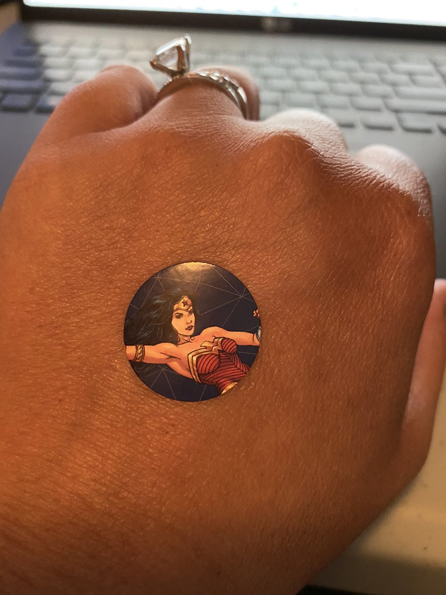 AbbeyPMaurer's tweet photo. Today my 6 year old daughter came into my home office/tv studio and put this Wonder Woman sticker on my hand. I needed this. 😊 https://t.co/TPOniHuDyV