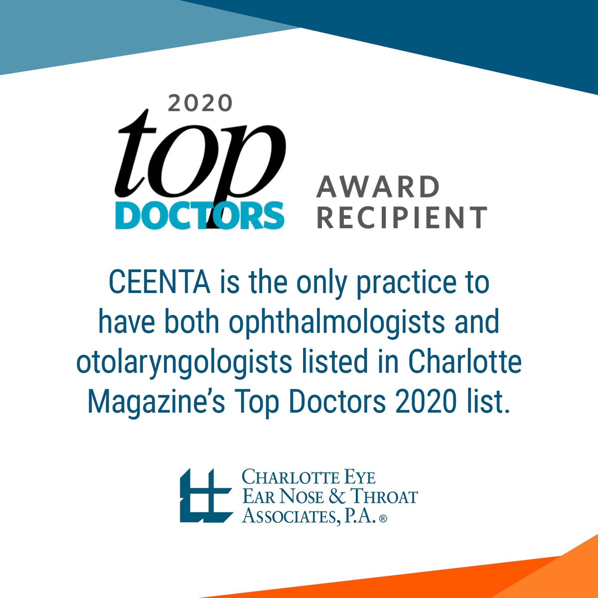 ceenta's tweet photo. Congratulations to all our doctors who earned this award. Thank you for providing exemplary medical care to the Charlotte region. #ceenta #topdoctors #award #eyedoctors #entdoctors #wejustmakesense https://t.co/m098fy7geL