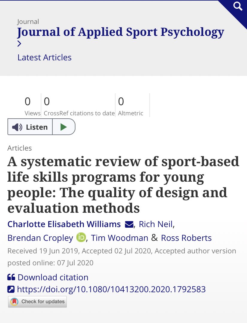 🚨So excited that my first published paper with <a href="/DrRichNeil/">Professor Rich Neil</a> <a href="/BrendanCropley/">Brendan Cropley</a> Tim Woodman &amp; Ross Roberts is available (pre print) in @JAppSportPsych - A systematic review of sport-based life skills programs for YP:The quality of design &amp; evaluation methods ➡️doi.org/10.1080/104132…