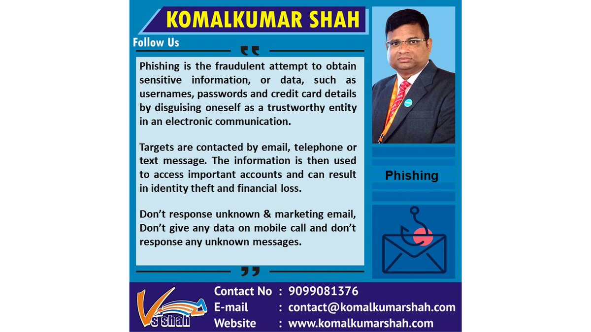 komalkumarshah's tweet photo. Technology tips of the Day - 08/07/2020

On the request of few people continue to yesterday's post and today explain phishing. 

If you like this please like, comment, and share.

#technologytipsoftheday
#learntechnologywithkomal
#vssespl
#komalkumarshah https://t.co/iCwRy4rIJR