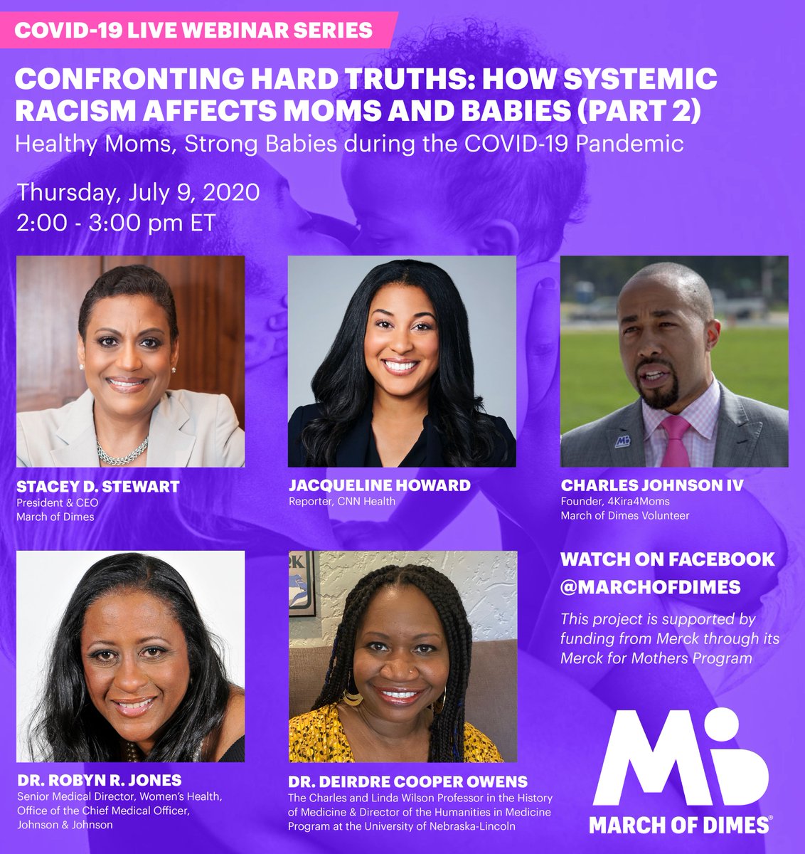 Join us on July 9 at 11am PST for the next Health Moms, Strong Babies Facebook Live event: “Confronting Hard Truths: How Systemic Racism Affects Moms and Babies (Part 2).” Visit the March of Dimes Facebook page to watch and join in the conversation.