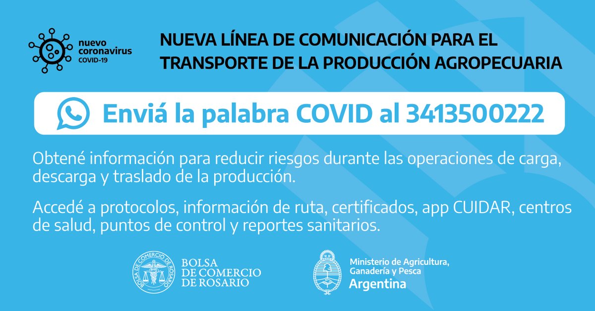 agriculturaar's tweet photo. Junto con la Bolsa de Comercio de Rosario @BCRprensa lanzamos una nueva línea de comunicación para que los transportistas se informen sobre circulación, abastecimiento y controles sanitarios frente al COVID-19.

#CuidarteEsCuidarnos #ArgentinaUnida https://t.co/fy1juafZ0g